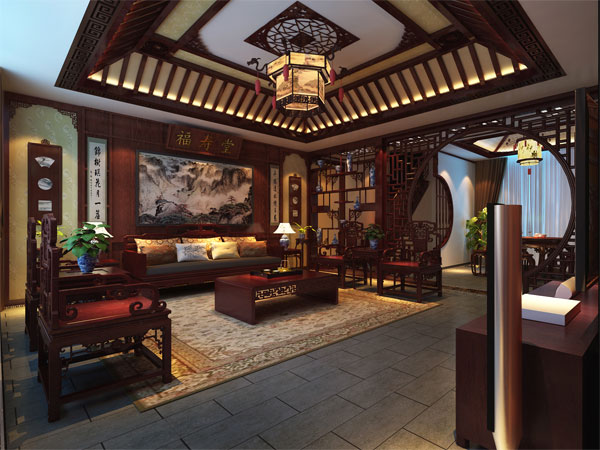 黑龙江哈尔滨280平米中式别墅设计复式楼装饰效果图
