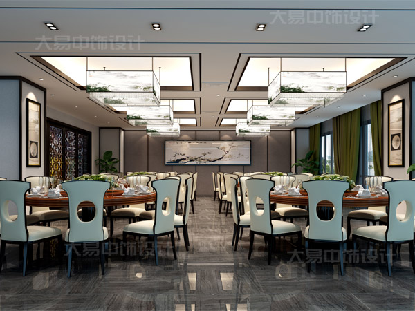 新中式餐厅设计采用祥云为墙景清新舒雅的中式装修效果