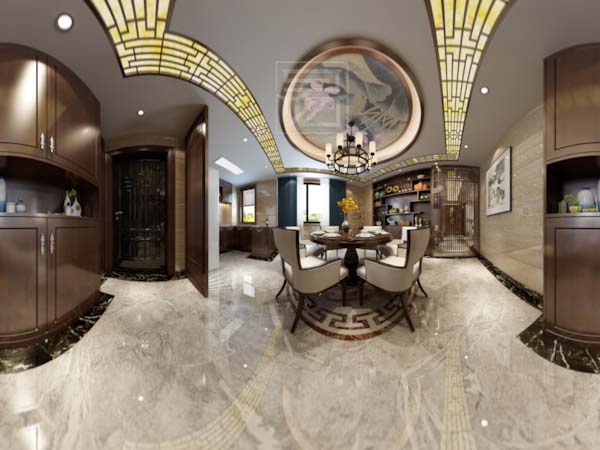 别墅新中式餐厅装修设计全景中式3DVR效果图