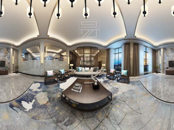 客厅中式风格装修设计,装饰空间中式VR全景效果图