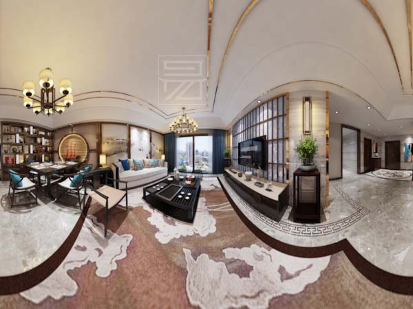 暖色调新中式装修餐厅设计布局全景VR效果图
