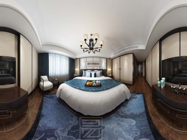 现代中式装修设计天蓝色卧室3DVR全景效果图