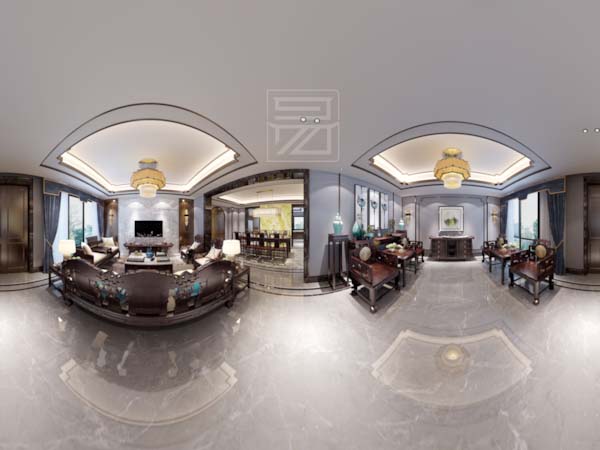 现代中式餐厅设计客厅装饰VR全景图